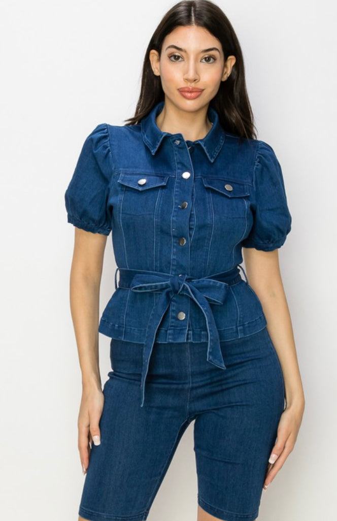 Puff Sleeve Tie Waist Denim Top